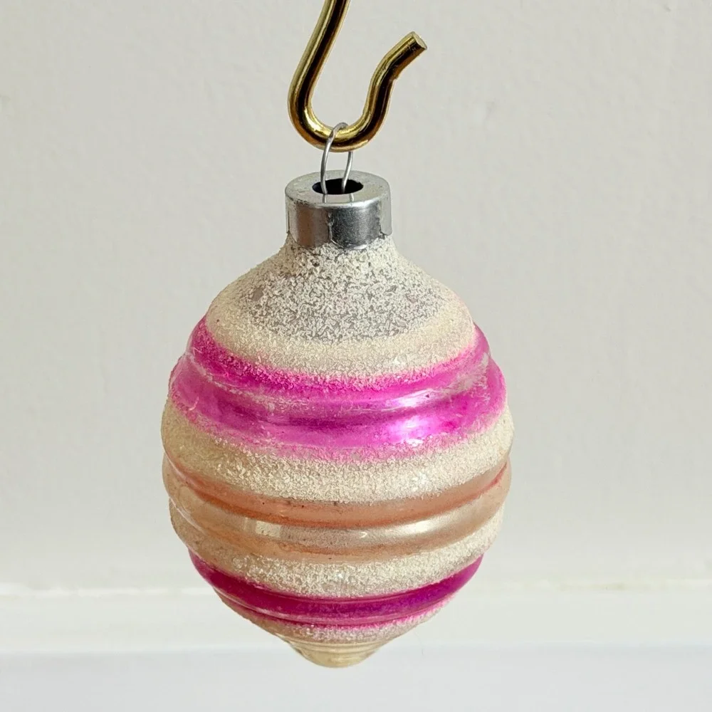 George Franke Pair Christmas Ornaments Beehive Pink Striped Mica USA MCM 1950's